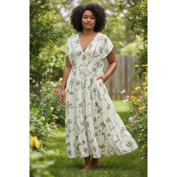 White Closet Elements Dresses & Skirts - White Closet Elements Linen Blend Cream Olive Green Empire Waist Maxi Dress XL